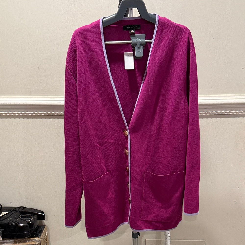 Ann Taylor Fuchsia Cardigan with Lavender Trim
